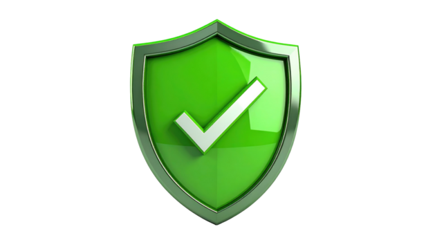Green shield with a white checkmark icon, highlighted by a silver border on a dark, gradient background