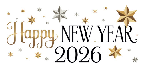 Card design with handwritten inscription 2026 plus golden stars and the inscription happy new year. EPS vector illustration
