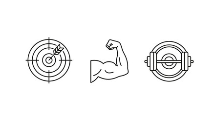 Set of outline icons representing fitness goals and achievements, including a target with an arrow, a flexed bicep muscle, and a barbell with weights, symbolizing dedication, strength, and successful
