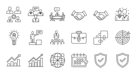 Modern business line icon set featuring teamwork, collaboration, meeting, partnership handshake, innovation with a new idea lightbulb, leadership, corporate management, briefcase, puzzle, target