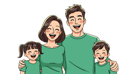 A joyful and loving family of four, including parents and two children, stands together with bright smiles, all wearing matching green outfits, radiating a sense of unity, happiness, and togetherness