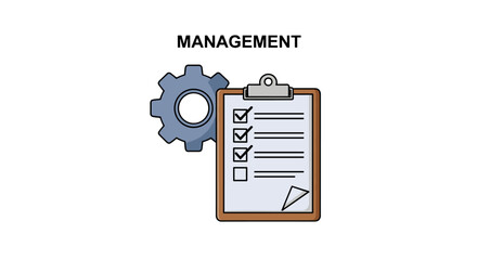 Vector illustration of a management icon set, featuring a gear and a clipboard with a checklist, symbolizing leadership, supervision, hiring, coaching, development, organization, teamwork, and