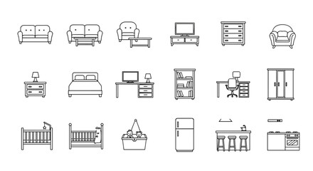 Collection of outline icons representing various furniture pieces for different rooms including living room sofas, armchair, coffee table, bedroom beds, nightstand, dresser, wardrobe, office desk