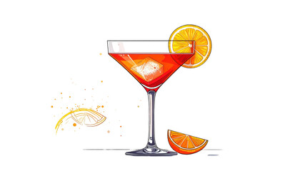 Stylized cocktail illustration vibrant red liquid, ice cube, orange slice garnish on a black background