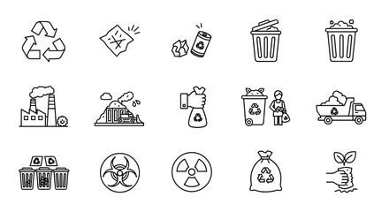 Collection of vector icons representing waste management and environmental protection, including recycling symbols, trash cans, litter, industrial pollution, landfill operations, composting, waste
