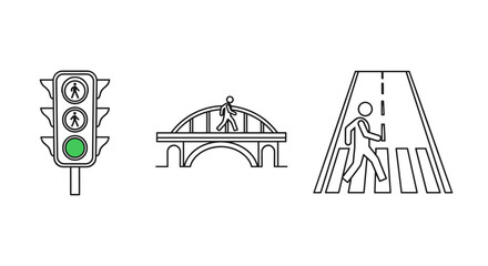 Clean line art icons depicting pedestrian traffic management: a traffic signal with a green light for walking, a pedestrian bridge with a person crossing, and a zebra crossing with a pedestrian