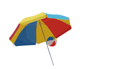 Vibrant beach umbrella and striped beach ball, symbolizing summer vacation, holidays, and tourism. Perfect for travel websites, hotel promotions, and leisure activities, evoking a sense of fun and
