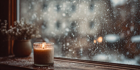 Background with a burning candle on a wooden windowsill. Snow falling outside the window. Christmas mood. Soft blurred background. Minimalistic cozy aesthetic.