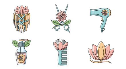 Set of six vector cartoon illustrations representing beauty salon and hair treatment logos, featuring lotus flowers, scissors, a hairdryer, a soap dispenser, and a comb, all designed with a clean