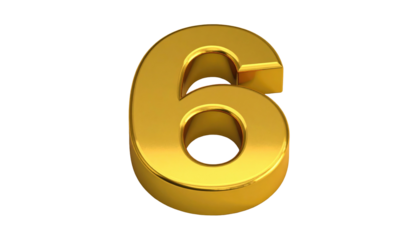 Golden numeral '6' on a transparent background, displaying light reflection and rendering details