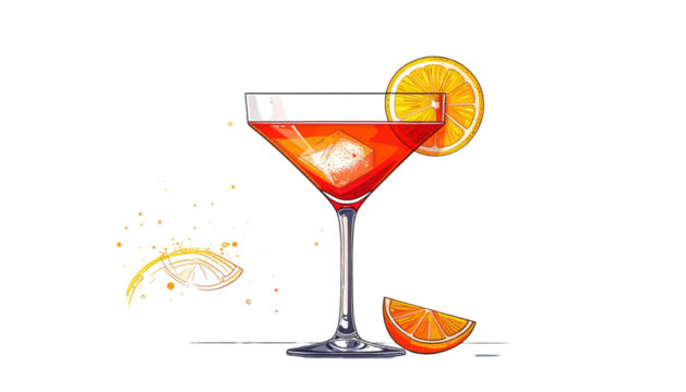 Stylized cocktail illustration vibrant red liquid, ice cube, orange slice garnish on a black background