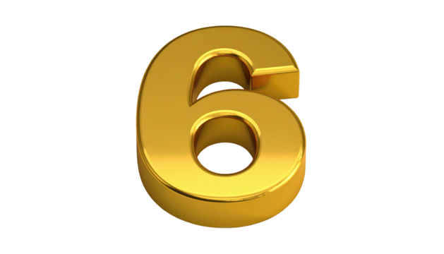 Golden numeral '6' on a transparent background, displaying light reflection and rendering details