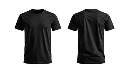 Two angles of a folded black t-shirt are shown on a black background. Short sleeves and crew neck are visible