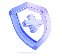 3d glass holographic health shield icon with plus symbol. Crystal medical protection badge with cross sign, blue purple gradient. Healthcare, safety insurance. Shield pharmacy service. 3D illustration