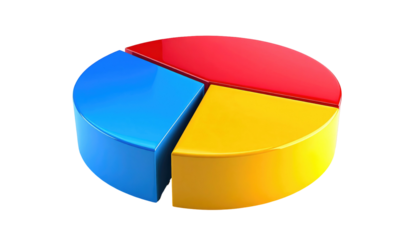 Three-section pie chart with red, blue, and yellow slices, rendered with a glossy, 3D appearance, isolated