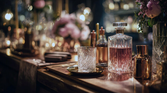 crystal decanter and a matching tumbler on a dark, polished bar or table, bathed in the soft, warm glow of blurred background lights and bokeh, suggesting luxury evening event, fine dining atmosphere.