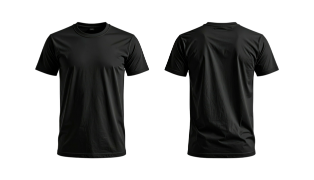 Two angles of a folded black t-shirt are shown on a black background. Short sleeves and crew neck are visible