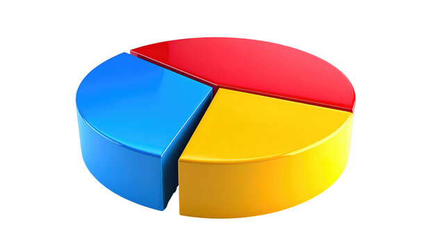 Three-section pie chart with red, blue, and yellow slices, rendered with a glossy, 3D appearance, isolated