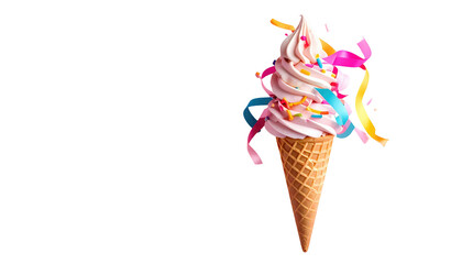 Swirled pink ice cream cone with colorful sprinkles and ribbons against a stark black background, whimsical and vibrant