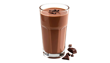 Chocolatey beverage in glass, topped with chocolate shavings, rests near scattered chocolate chunks on a black background