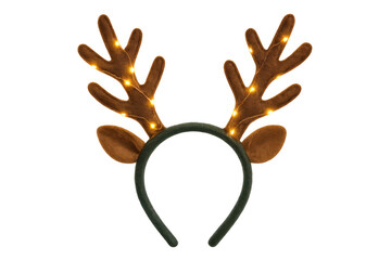 Reindeer antler headband with illuminated fairy lights, festive holiday costume accessory on transparent background