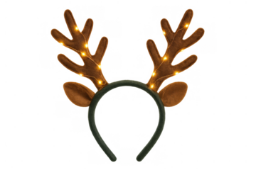 Reindeer antler headband with illuminated fairy lights, festive holiday costume accessory on transparent background