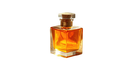 A clear, square bottle filled with golden liquid sits isolated against a black background, glowing under directed light