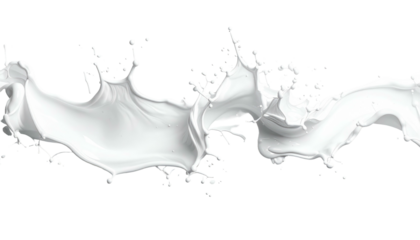 Dynamic white liquid splash on a transparent background, creating a swirling, abstract shape