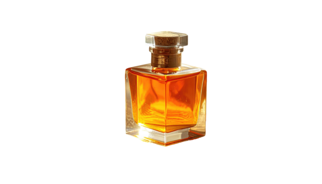A clear, square bottle filled with golden liquid sits isolated against a black background, glowing under directed light