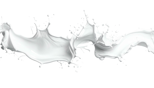 Dynamic white liquid splash on a transparent background, creating a swirling, abstract shape