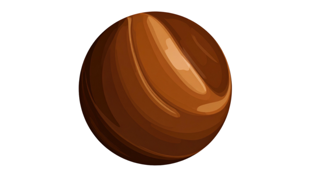 Stylized brown sphere with glossy, swirling stripes against a stark black backdrop