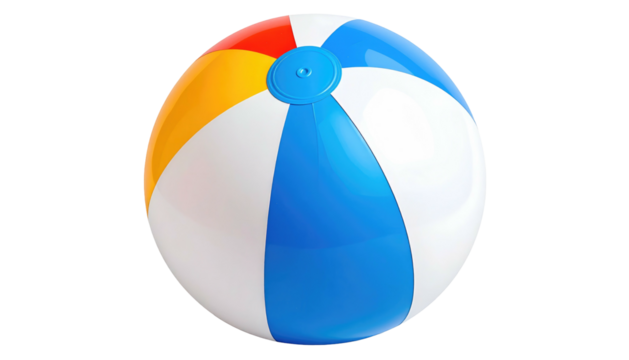 A multicolored beach ball with white, blue, orange and red segments, isolated on a solid black background