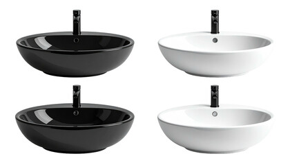 Four vessel sinks, two black, two white, centered with dark metal faucets, all on a white background