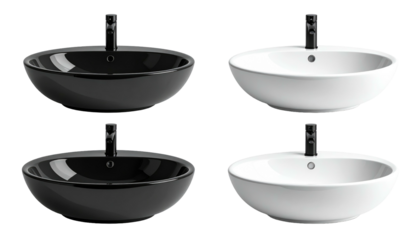 Four vessel sinks, two black, two white, centered with dark metal faucets, all on a white background
