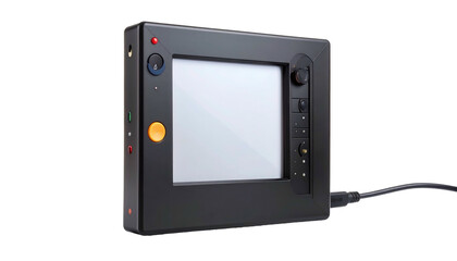 Black rectangular monitor-like device with controls on the sides and a blank white screen, black background