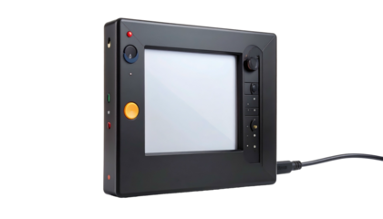 Black rectangular monitor-like device with controls on the sides and a blank white screen, black background