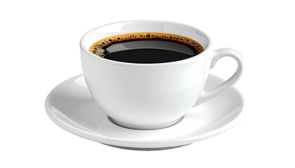White cup of dark black coffee on a matching saucer, isolated on a transparent black background