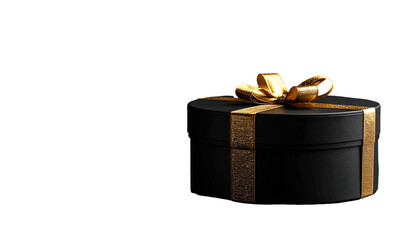 Round black gift box with golden ribbon and bow against a black background