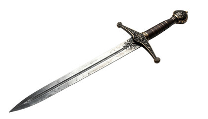 An intricately detailed single-handed sword, with ornate handle and cross-guard, rests diagonally across the frame