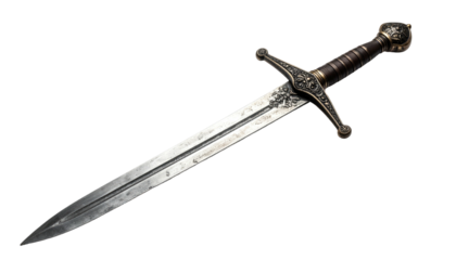 An intricately detailed single-handed sword, with ornate handle and cross-guard, rests diagonally across the frame