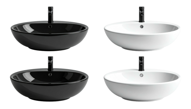 Four vessel sinks, two black, two white, centered with dark metal faucets, all on a white background