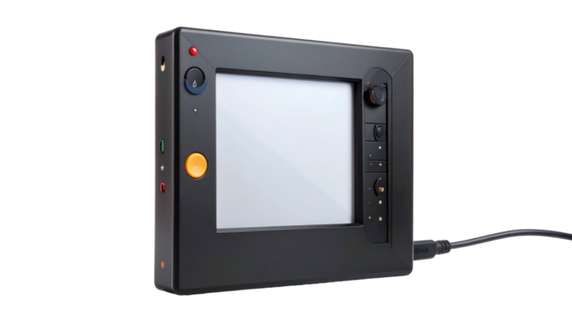 Black rectangular monitor-like device with controls on the sides and a blank white screen, black background