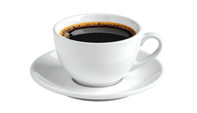 White cup of dark black coffee on a matching saucer, isolated on a transparent black background