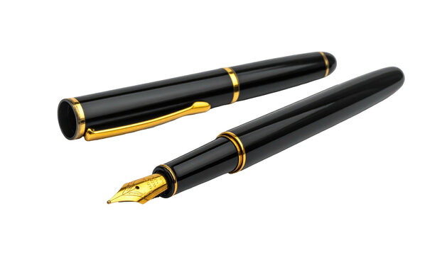 Two elegant, black fountain pens with gold accents on a dark background. Detailed rendering, highly glossy