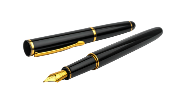 Two elegant, black fountain pens with gold accents on a dark background. Detailed rendering, highly glossy