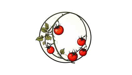Illustration of tomatoes on a vine, encircling a cream-colored oval on a black background in a painterly style