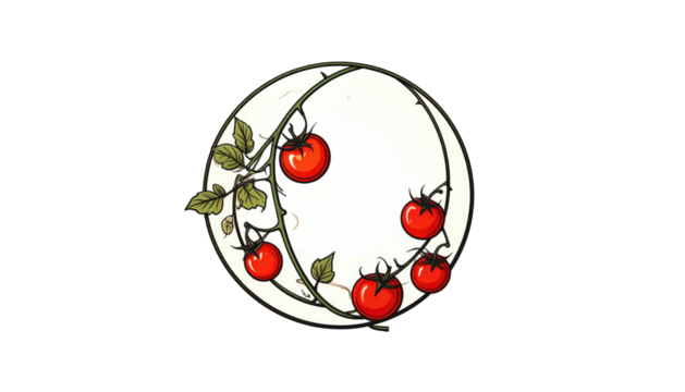 Illustration of tomatoes on a vine, encircling a cream-colored oval on a black background in a painterly style