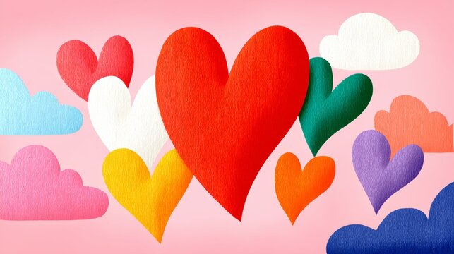 Colorful heart with a red heart in the middle surrounded by other hearts. The hearts are scattered in the sky and the background is pink. Concept of love and happiness