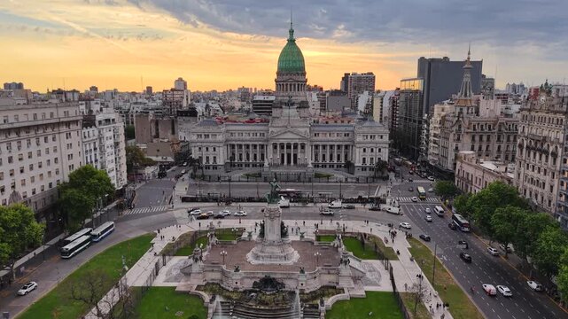 Buenos Aires, Argentina, October 21, 2025: Aerial view of the Congress, the Argentine National Congress, located in the city of Buenos Aires, Argentina at sunset. Legislative branch of Argentina.