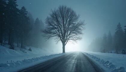 Winter road with a tree in snow landscape. Forest path in winter wonderland. Bare branches. Scenic drive with winter fog. Cold season travel route on a lonely road. Mystery weather snowfall.